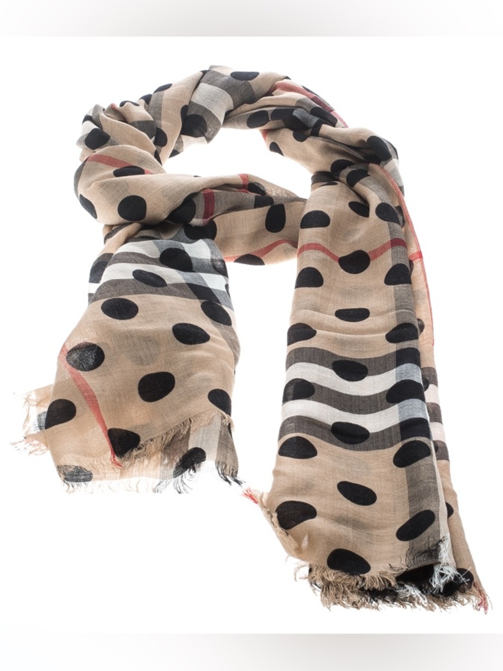 Burberry Beige Novachek Wool and Silk Polka Dotted Fringe Scarf